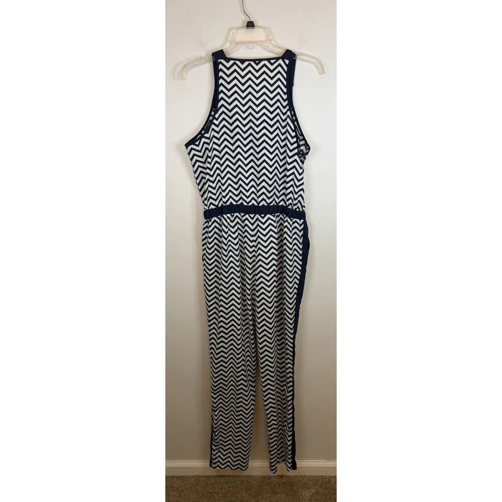 MILANO White Navy Chevron Sleeveless Jumpsuit Medium Snap Front Lightweight